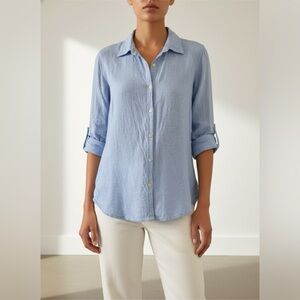 Women’s ORVIS Blue Linen Blend Casual Button Down Shirt Size L Long sleeves